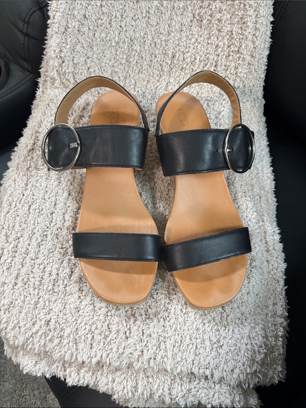 UGG Black Leather Two‑Strap Buckle Sandals